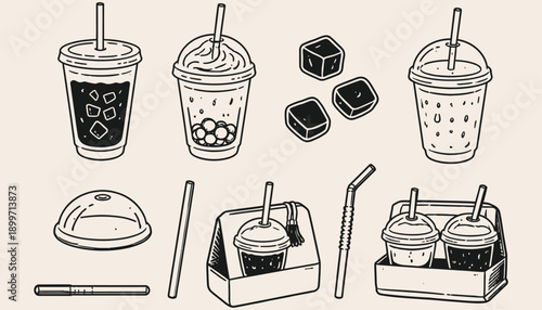 Hand Drawn Takeaway Drinks Doodle Vector Set