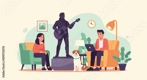 A dog sits between a woman and a man using a laptop in a room with artwork