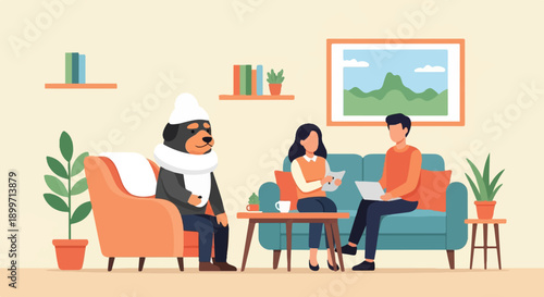 Cartoon living room scene with a dressed dog, man, and woman