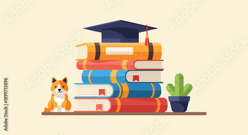 A dog sits by a stack of books topped with a graduation cap next to a potted plant