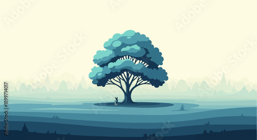 A solitary figure sits beneath a vast, blue-hued tree in a misty, layered landscape