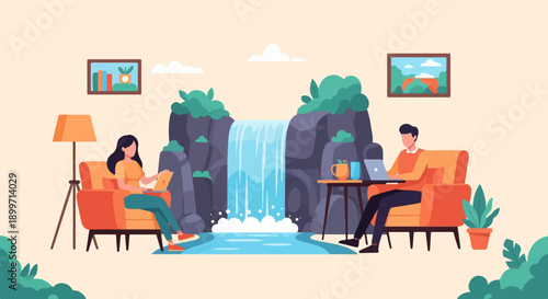 A woman and man work remotely near a scenic waterfall in cozy armchairs