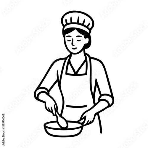 Dibujo sencillo con líneas de una mujer con uniforme de cocinero, sujetando una cuchara de madera y una sartén