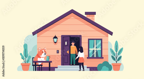 A dog sits at a table outside a home with two people at the door