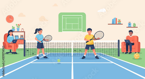 A fun digital illustration depicting a tennis court with people playing and observing