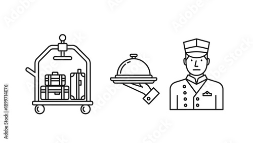 Bellhop, luggage and room service hotel line art icons