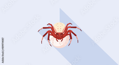 Cartoon spider hangs from a thread, guarding its egg sac