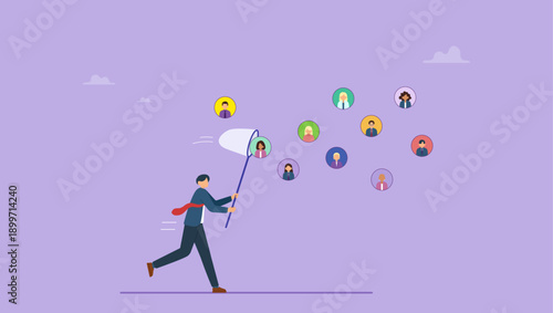 Businessman with butterfly net catching customers. Finding new customers, clients or candidate for vacancy, marketing or hr human resources hiring new employees, leads generation or prospect.