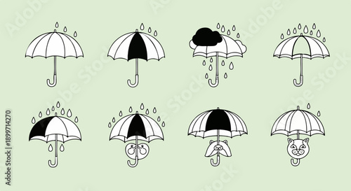 Cartoon umbrellas with raindrops and animal faces under a light green background