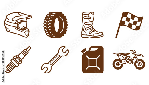 Motocross and Hard Enduro Vector Icon Set Dirt Bike Racing Gear and Maintenance