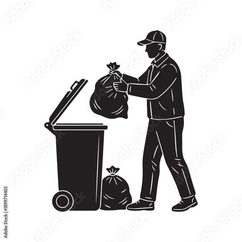 Garbage collector silhouette carrying trash bag to disposal bin vector icon
