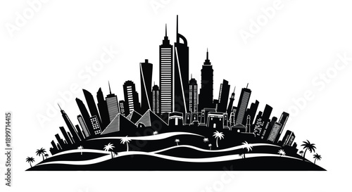 A striking black silhouette of a modern city skyline with palm trees resting on rolling hills on transparent background high quality
