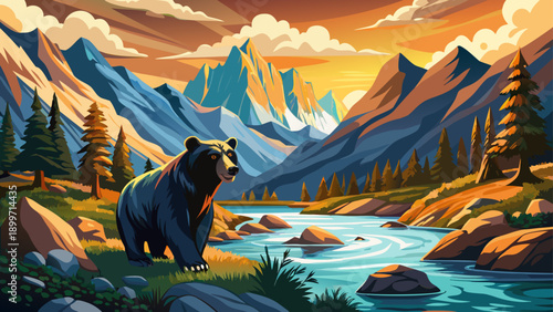 Very beautiful wildlife scene of a majestic black bear standing in an alpine river, surrounded by rugged nature, flowing water, and untouched mountainous wilderness.