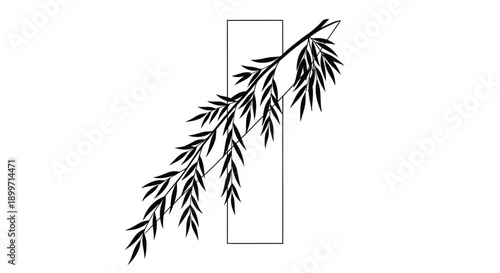 Vector illustration of a leafy branch overlapping a rectangular frame, for mockup or overlay effect, isolated on transparent background, png
