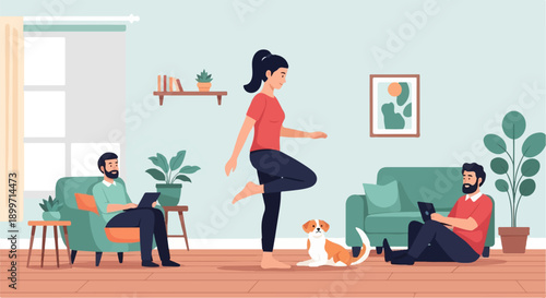 A woman exercises in a living room while men work on laptops and a dog rests