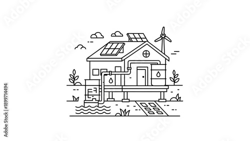 Eco-friendly house with solar panels and wind turbine illustration