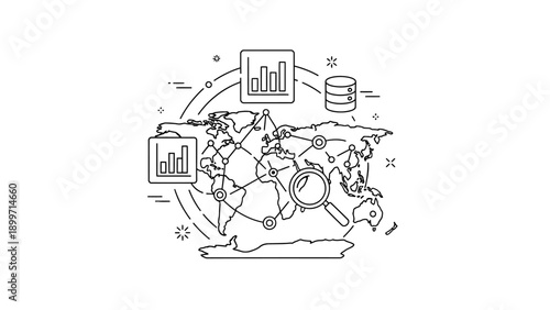 Global data network on world map with analytics and database