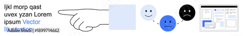 Human behavior, online communication, user feedback, mood tracking, survey responses, UI design. A hand pointing to icons of faces and a computer screen. User feedback and communication concept