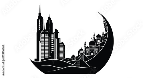 A striking black silhouette of a city skyline with iconic landmarks set within a crescent moon on transparent background high quality
