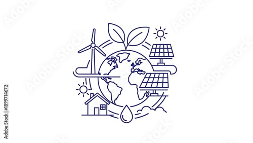 Global sustainability concept with green energy symbols outline