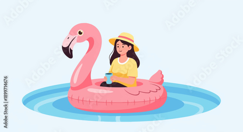 A woman in a yellow shirt and hat floats on a flamingo in a pool