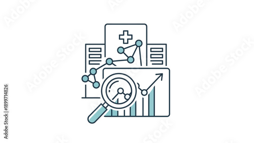 Healthcare data analysis icon with hospital, chart, and magnifying glass