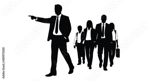 A group of business professionals led by a pointing man depicted in a striking black silhouette on transparent background high quality