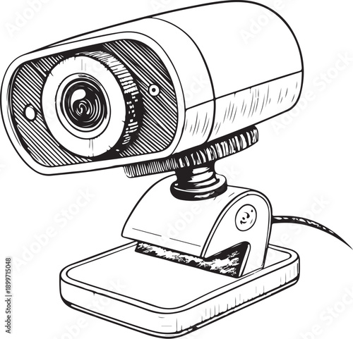 Webcam Hand-drawn Sketch Drawing Vector Illustration, Line Linear Symbol Engraving for Coloring Book, Black and White, Isolated