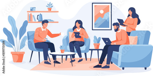 Casual business meeting with people using laptops and tablets