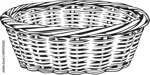 Wicker Basket without Handle Hand-drawn Sketch Drawing Vector Illustration, Line Linear Symbol Engraving for Coloring Book, Black and White, Isolated