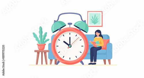 A woman reads a book on a couch next to a large alarm clock