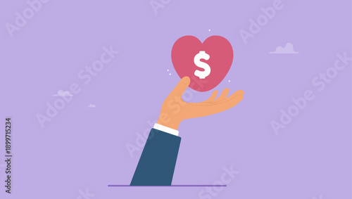 Hand holding heart shape with dollar sign as non profit charity. Nonprofit charity donation, help or support or community assistance, giving or volunteer, care or sharing friendship.