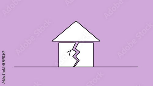Minimalist cracked house symbol on a simple purple background