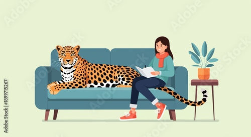 A woman reads a book on a sofa next to a large leopard