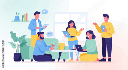 Casual collaboration Diverse team discusses ideas using laptops and tablets