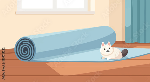A fluffy cat rests on a yoga mat beside a rolled-up mat in a room