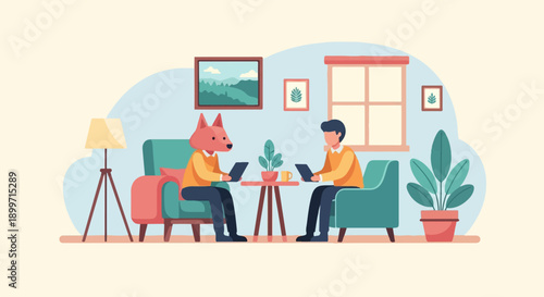 A fox and a person sit on sofas, using tablets indoors