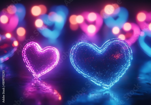 Glowing neon hearts in pink and blue with bokeh background