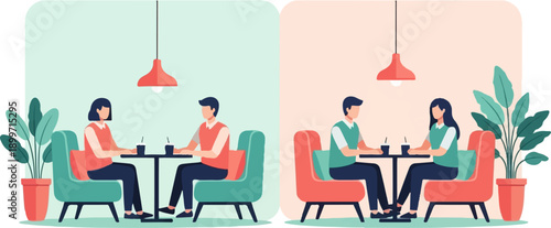 Casual cafe seating with potted plants and people enjoying drinks