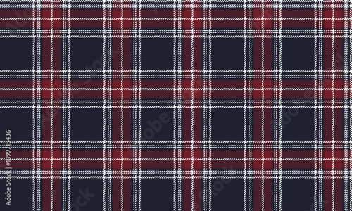 Seamless plaid fabric in navy, red, and white. A classic yet modern design, perfect for clothing, skirts, and trousers, giving a sophisticated and distinctive feel to any fashion style.