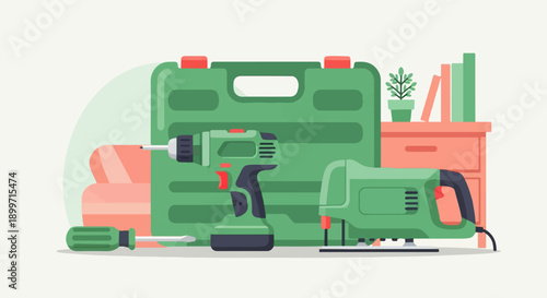 A flat illustration of power tools, a toolbox, and a small dresser