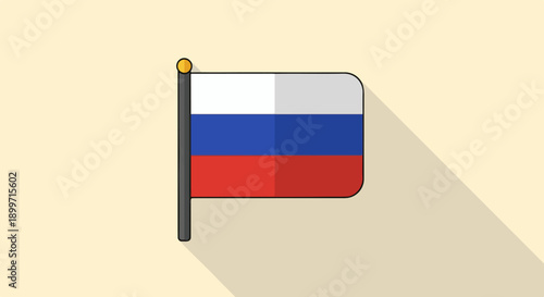 A flat design icon of the Russian flag on a pole casts a long shadow