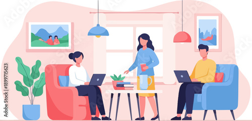 Casual indoor scene of three people working on laptops in a cozy living room