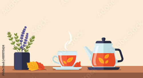 A tranquil still life featuring a teapot, teacup, and lavender on a shelf