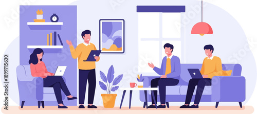 Casual indoor meeting with people working and chatting on laptops