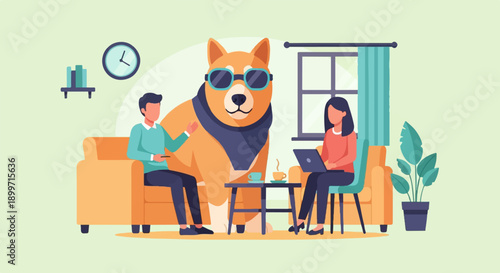 Casual indoor scene with people, a dog, and work