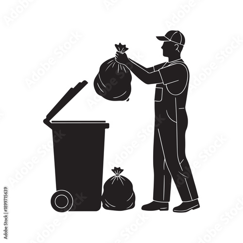 Garbage collector silhouette carrying trash bag to disposal bin vector icon
