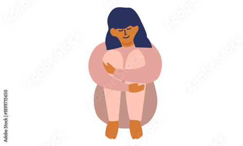 Body positive, self care or love yourself illustration. Body positive, love yourself concept. Happy plus size woman smiling and hugs her knees. Vector illustration of confident girl, selfcare, accepta