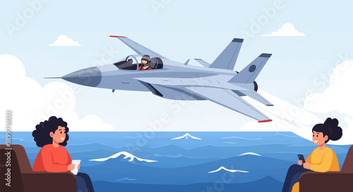 A fighter jet soars over the ocean as two onlookers watch from seats