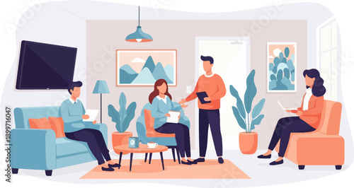 Casual meeting and discussion in a modern living room setting